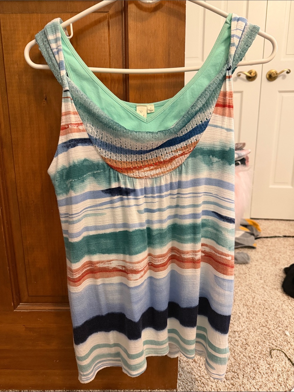 Anthropologie Striped Scoop Neck Tank in Teal, Coral & Navy